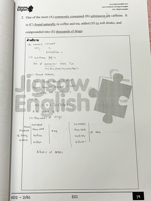 ►ครูจิ๊กซอว์◄ หนังสือกวดวิชา ครู Jigsaw AD2 ระดับชั้น ม.ปลาย เน้นตะลุยโจทย์ข้อสอบ Test มีครบทุกพาร์ททั้ง Vocab , Reading , Error Identification , Cloze Test และ Miscellaneous Exercises จดครบเกือบทั้งเล่ม จดละเอียด มีจดความหมายและวิธีการใช้ศํพท์ รวมทั้งสูต
