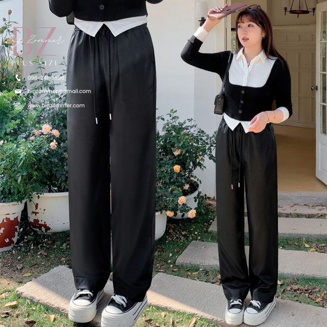 กางเกงหนังผู้หญิงอวบ กางเกงทรงขากระบอก เอวยางยืด (XL~5XL) [ เอวถึง 45" ] W1122
