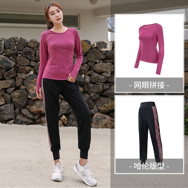 ชุดออกกำลังกายผู้หญิง เสื้อสีม่วง+กางเกงขายาวสีชมพูกะปิ (L,XL,2XL,3XL,4XL) ZY8033+8044