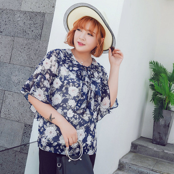 ★พร้อมส่ง★ เสื้อชีฟองลายดอกไซส์ใหญ่ สีน้ำเงิน (3XL อก 48) 2166