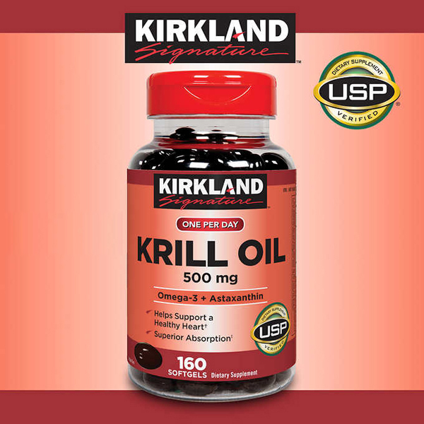 พร้อมส่งฟรี น้ำมันคริลล์ Kirkland Krill Oil Omega3+ Astraxanhin 500mg 160 softgels