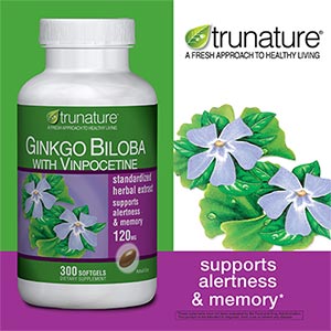 Trunature-Ginkgo 120mg 340เม็ด (สูตรใหม่) แป๊ะก้วย บำรุงสมองปลอดโปร่ง ช่วยให้เลือดไหลเวียนในสมองดี (exp.08/2027)