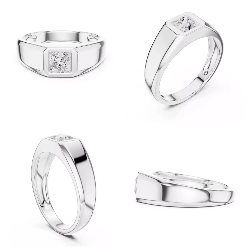 แหวนเพชรโมอีส Princess Cut Solitaire Bezel Set Signet Ring Men