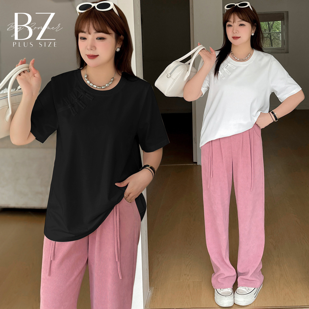 เสื้อยืดแขนสั้น ไซส์ใหญ่ อก41~50นิ้ว คอกลม แต่งกระดุมจีน ขาว,ดำ (XL~5XL) W1131