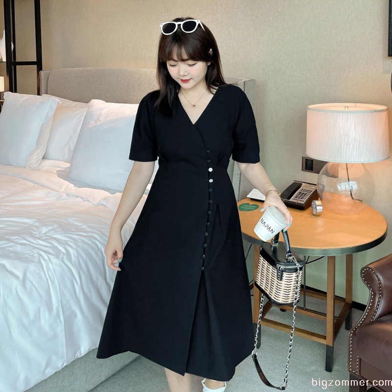เดรสผ้าคอตตอนสวยๆสำหรับสาวอวบ สีดำ (XL,2XL,3XL,4XL) k1400