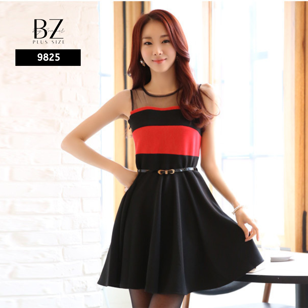 ★พร้อมส่ง★ ชุดเดรสไซส์ใหญ่ สีดำ แขนกุด รวมเข็มขัด (2XL) อก 43