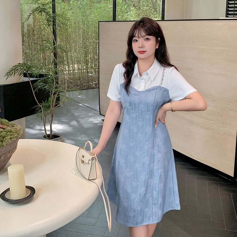เดรส A-line คอโปโลสีพาสเทลหวานละมุน เดรสสาวอวบ [🍁อก 42~54"] สีฟ้า (271527)