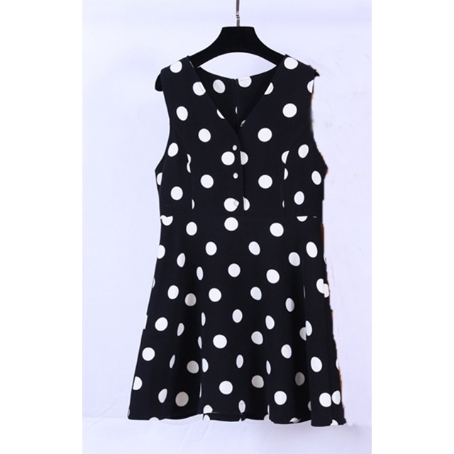 ★พร้อมส่ง★ เดรสไซส์ใหญ่ แขนกุด สีดำ ลายจุด (4XL อก 48) 0277
