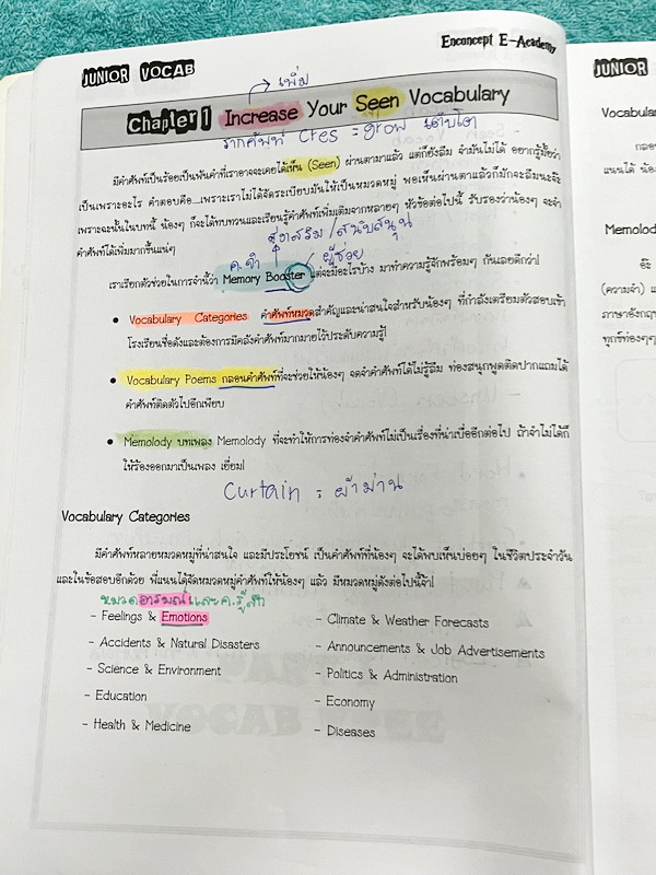 ►Enconcept◄ หนังสือเรียนพิเศษครูพี่แนน Enconcept วิชาภาษาอังกฤษ ม.ต้น Junior Vocab Book and Exercises มีสรุปวิธีการดูคำศัพท์ การสังเกตการเดาความหมายคำศัพท์จากบริบท พี่แนนแยกคำศัพท์ออกเป็นหมวดหมู่ ทำให้จำศัพท์ง่าย มีโจทย์แนวข้อสอบเข้า ร.ร.เตรียมอุดม จดครบเ