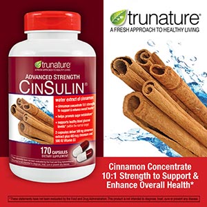 Trunature-CINSULIN 170เม็ด รักษาระดับน้ำตาลในเลือด ด้วยสูตรลิขสิทธิ์ CINNAMON+CHROMIUM สำหรับเบาหวาน