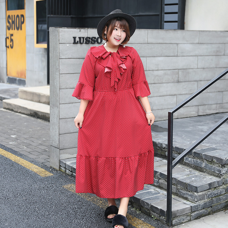 ♥พร้อมส่ง♥ ชุดแม็กซี่เดรสสีแดงลายจุด เอวยางยืด แขนกระดิ่ง (2XL อก 44) Ai2736