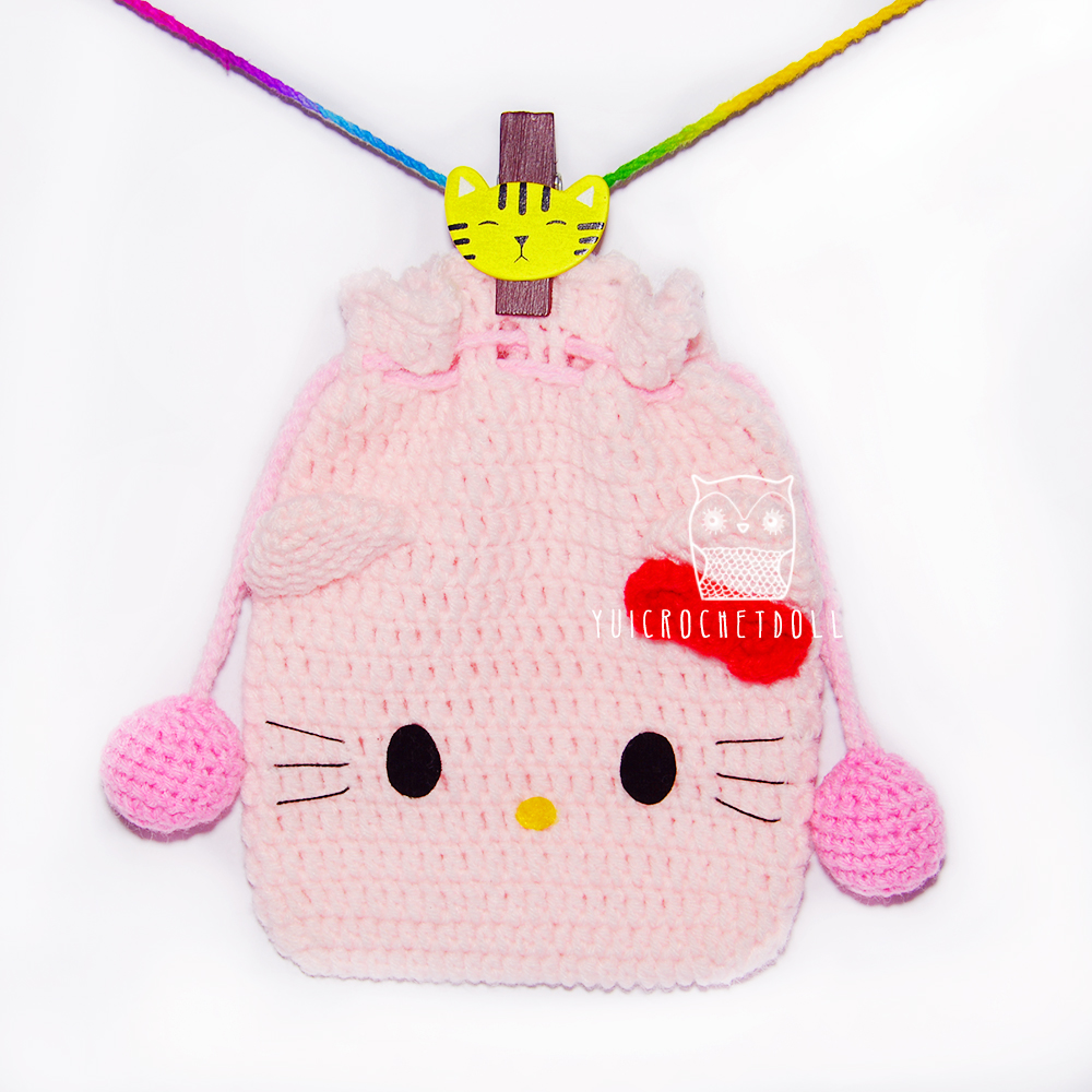 กระเป๋าหูรูดไหมพรม คิตตี้ Kitty Drawstring Crochet Bag