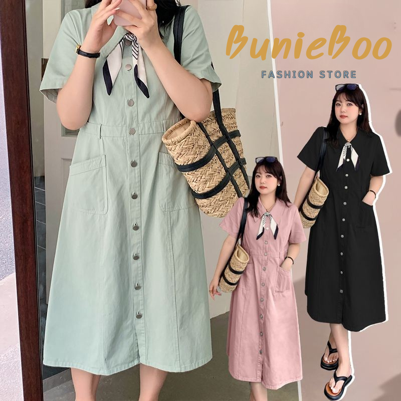 เดรสยาวสาวอวบ ผ้ายีนส์เบาสบาย คอปก+ผูกโบว์ มีไซส์ใหญ่ XL-4XL [พรีออเดอร์]