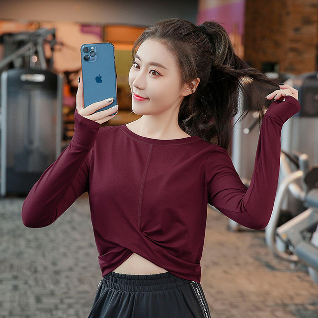 เสื้อยืดออกกําลังกายแขนยาวพลัสไซส์ สีดำ/สีน้ำตาลแดง (L,XL,2XL,3XL,4XL) ZYS294