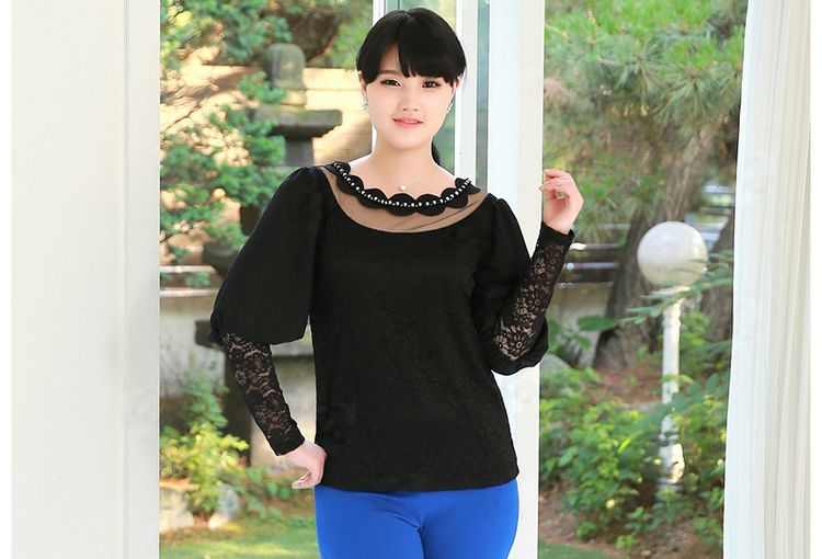 ★พร้อมส่ง★ เสื้อลูกไม้สีดำ แขนหมูแฮม คอปกแต่งไข่มุก (5XL อก 45 ยืด 48) QF11173