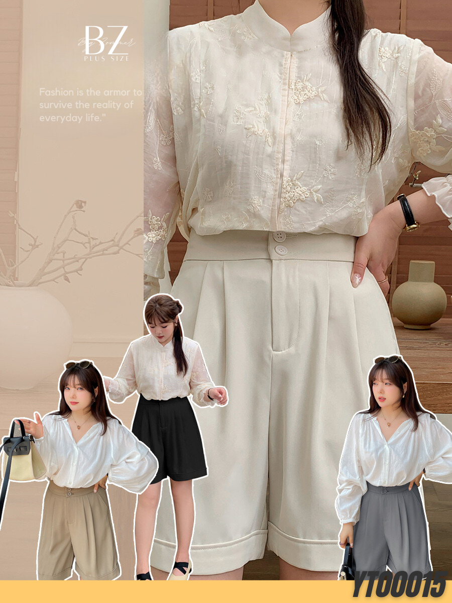 กางเกงขาสั้น เอว 30~46 นิ้ว กางเกงขาสั้นสาวอวบอ้วนเอวสูง สีดำ/สีเทา/สีโกโก้/สีเบจ YT0015