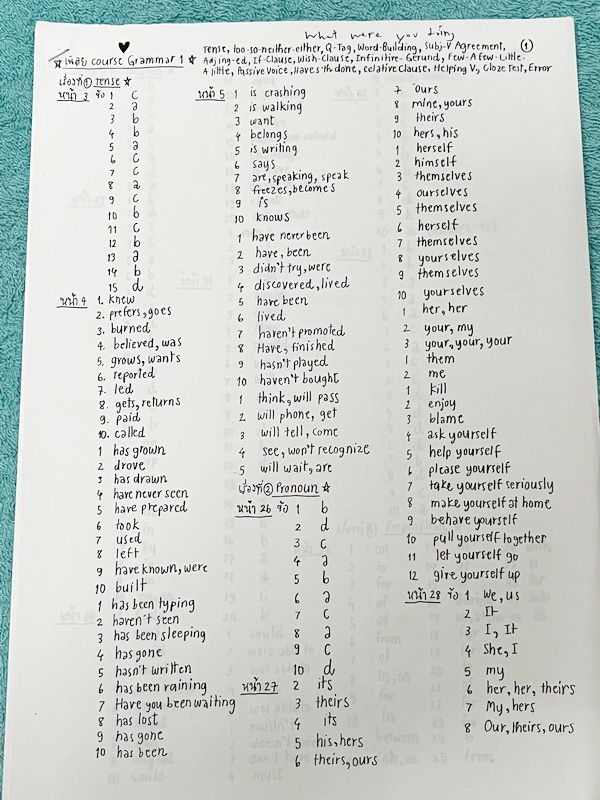 ►อ.ถ้วย◄ หนังสือเรียนภาษาอังกฤษครูพี่ถ้วย คอร์ส Grammar เล่ม 1-2 สอบเข้าเตรียมอุดม + ชีทเฉลย + ชีทสรุปแกรมม่า ในหนังสือมีโจทย์เยอะมาก มีจดบางหน้า จดละเอียด มีชีทเฉลยใช้คู่กับหนังสือให้ต่างหาก และมีชีทตัวอย่างการสรุป Grammar ย่อๆให้พอเข้าใจแบบภาพรวม ควรจำเ