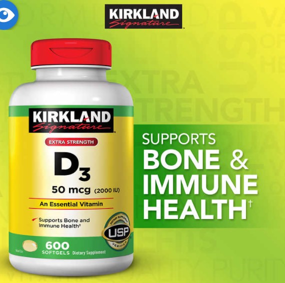 Kirkland Signature Extra Strength D3 50 mcg 600 Softgels วิตามินดี เสริมภูมิคุ้มกัน และสมอง,สมาธิ,อารมณ์, การนอนหลับ (Exp.July2027)