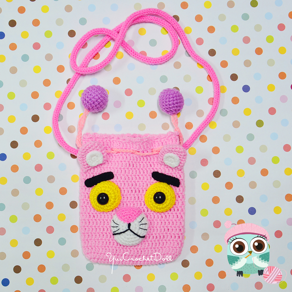 กระเป๋าหูรูดไหมพรม พิงค์แพนเตอร์ Pink Panther Drawstring Crochet Bag