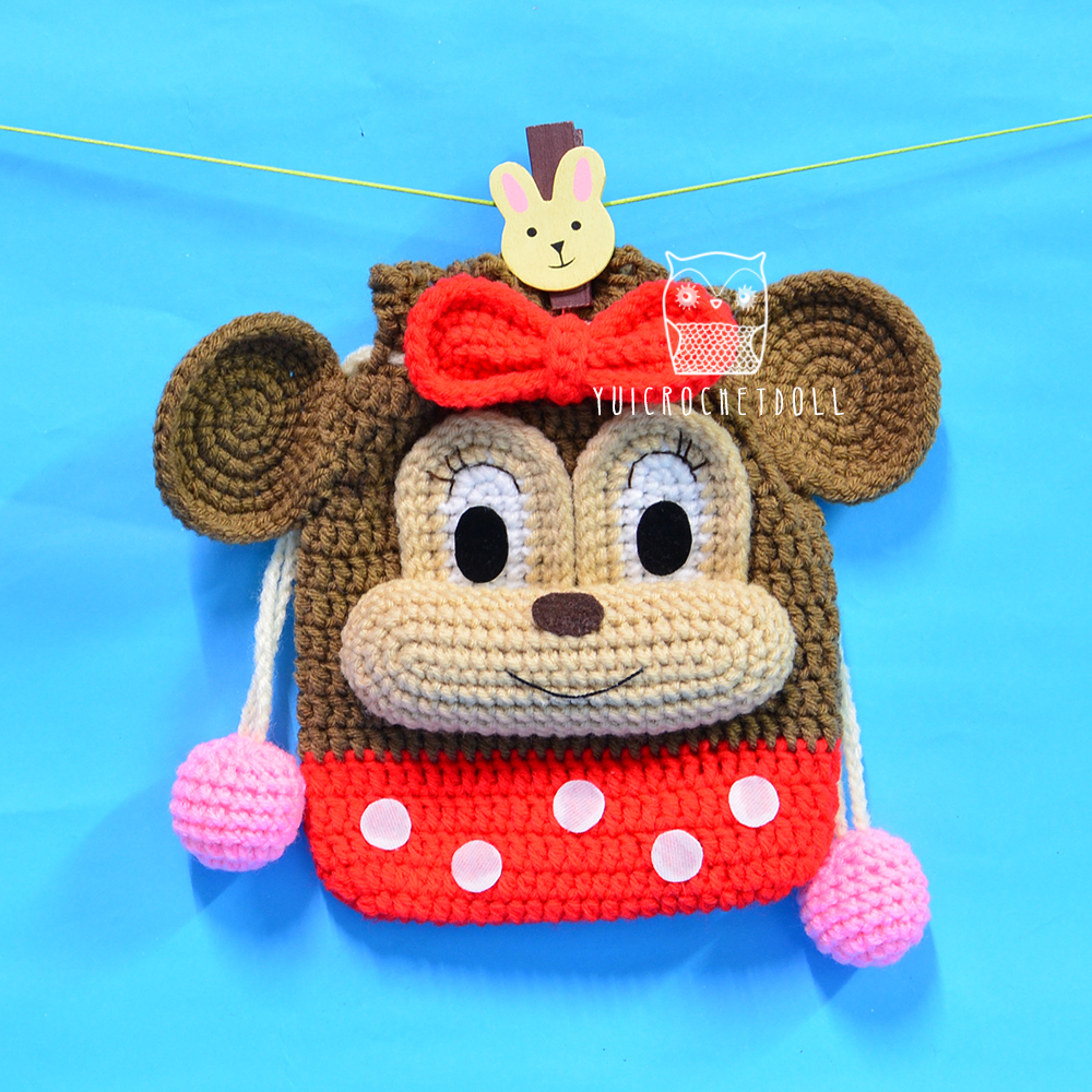 กระเป๋าหูรูดไหมพรม มินนี่เม้าส์ Minnie Mouse Drawstring Crochet Bag