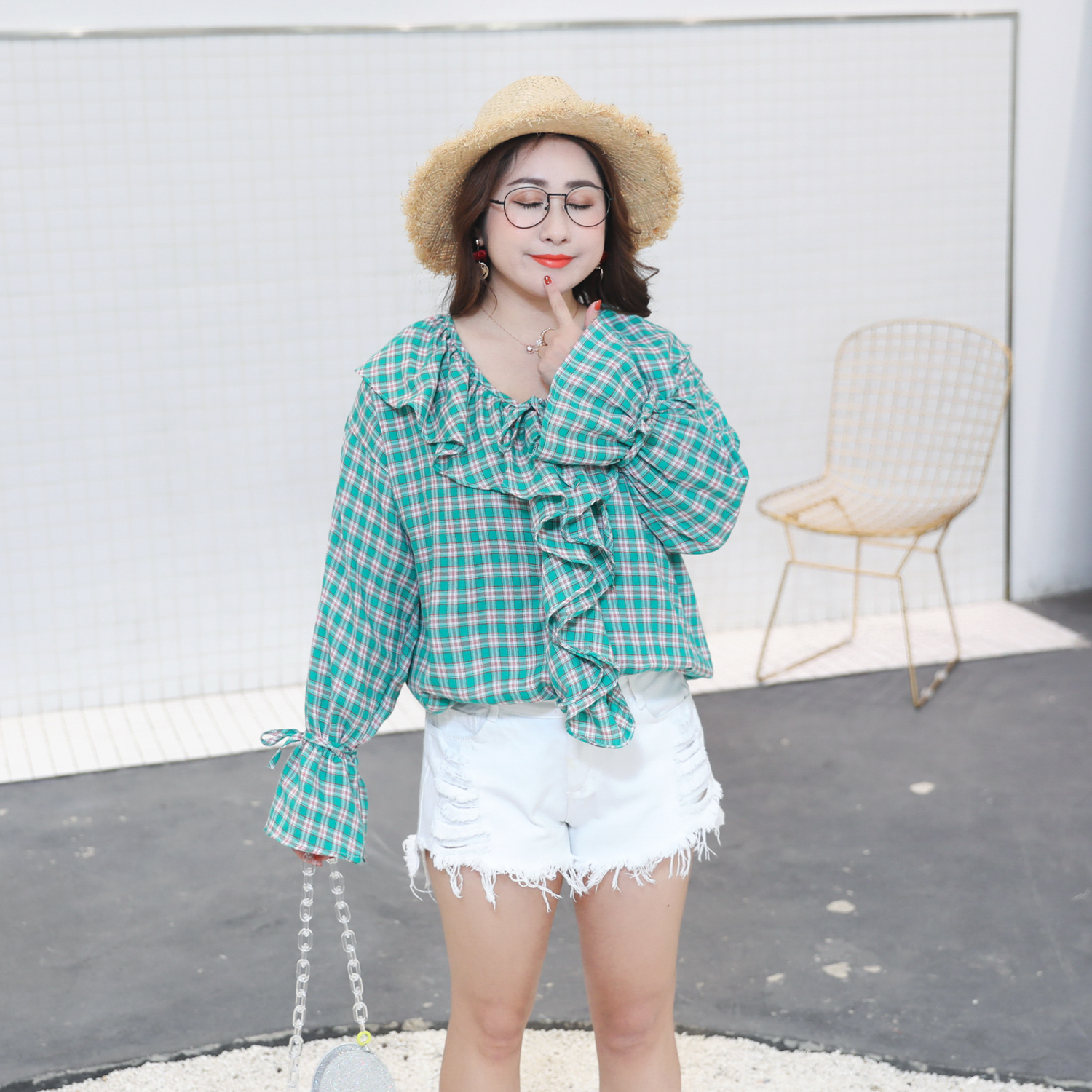 ♥พร้อมส่ง♥ เสื้อลายสก๊อต สีเขียว คอวี แขนยาว (2XL) อก 50 เหมาะสำหรับหน้าอกไม่เกิน 48 นิ้วค่ะ