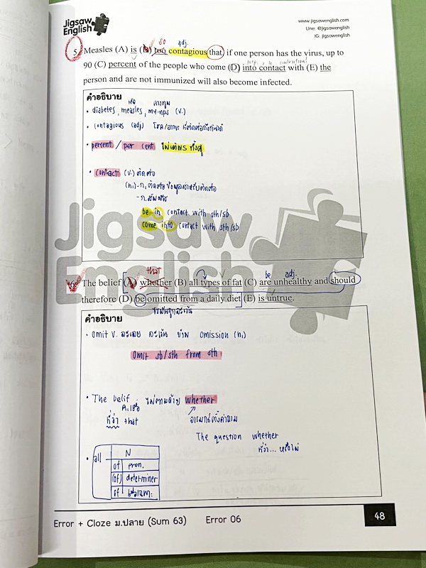 ►Jigsaw◄ หนังสือกวดวิชาครูจิ๊กซอว์ Error + Cloze ม.ปลาย เน้นฝึกทำโจทย์ด้าน Error Identification และ Cloze Test โดยเฉพาะ จดครบเกือบทั้งเล่ม จดละเอียด มีจดความหมายและวิธีการใช้ศํพท์ รวมทั้งสูตรลัดในการจำหลักไวยากรณ์แกรมม่า หนังสือเล่มหนาใหญ่ สำเนา
