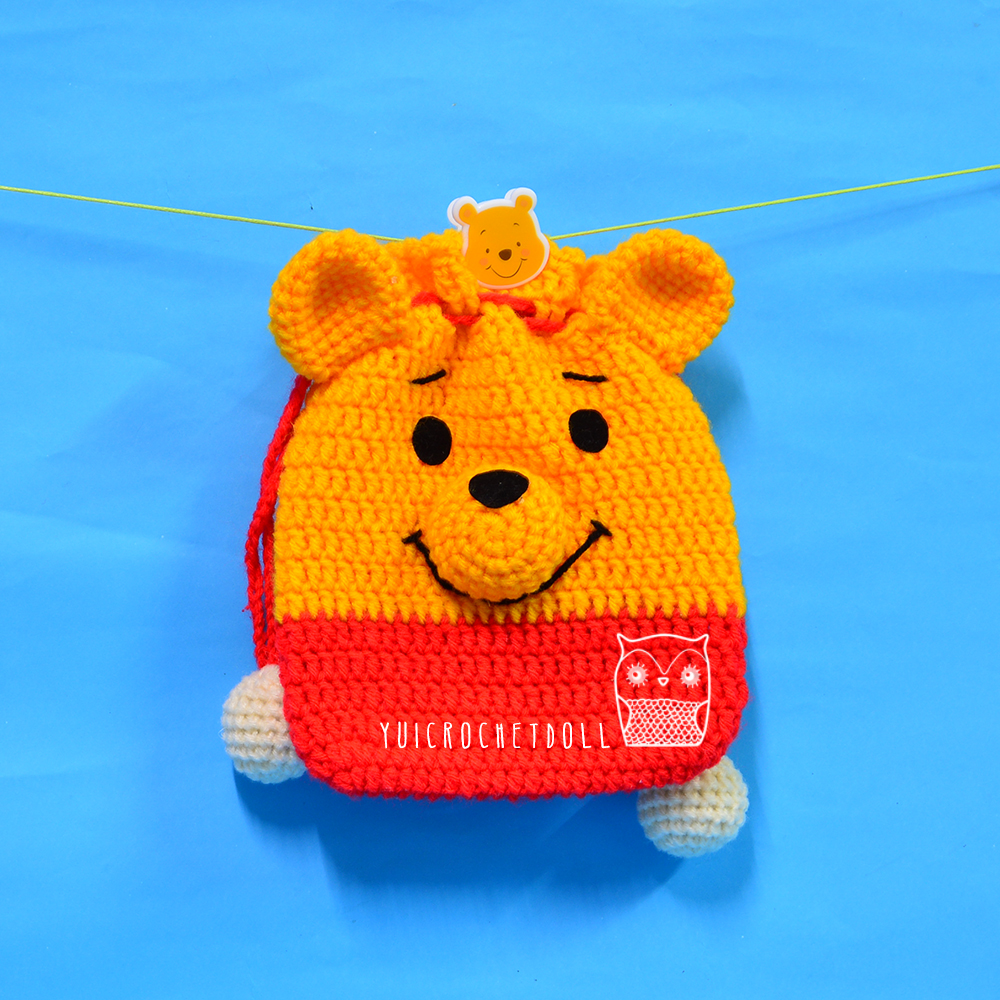 กระเป๋าหูรูดไหมพรม หมีพูห์ Pooh Drawstring Crochet Bag