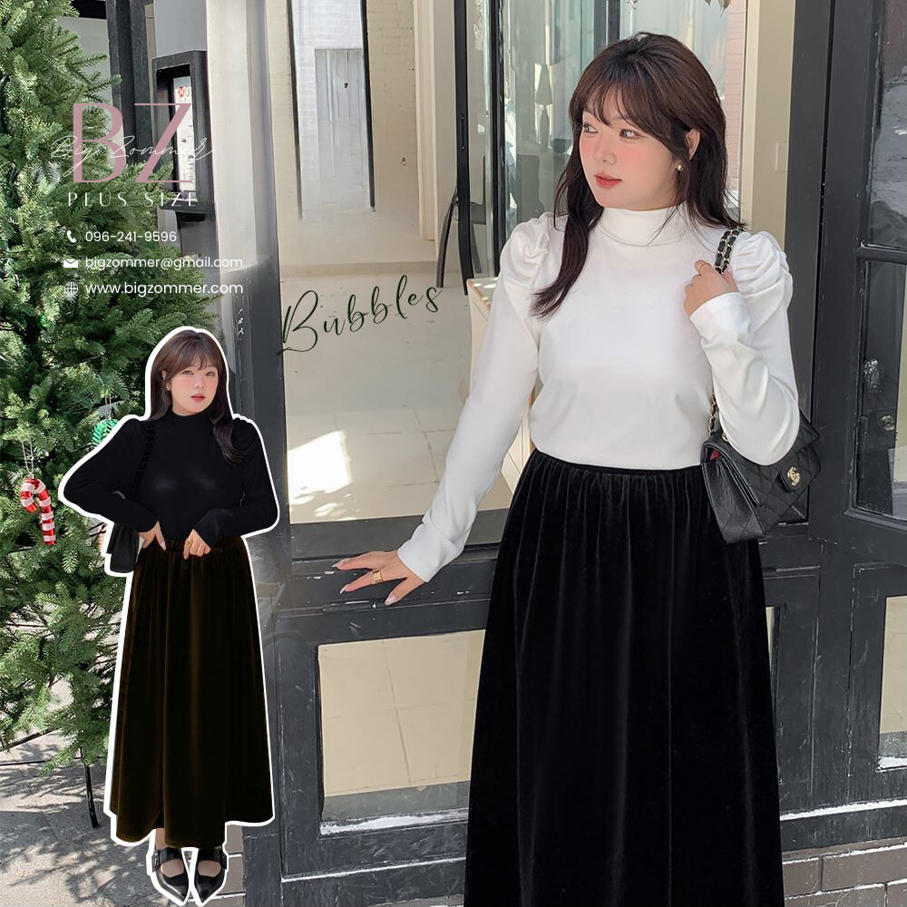เสื้อยืดคอตั้ง แขนยาว สาวอวบ สีขาว,สีดำ (XL~5XL) [ อกถึง 47" ] W1116