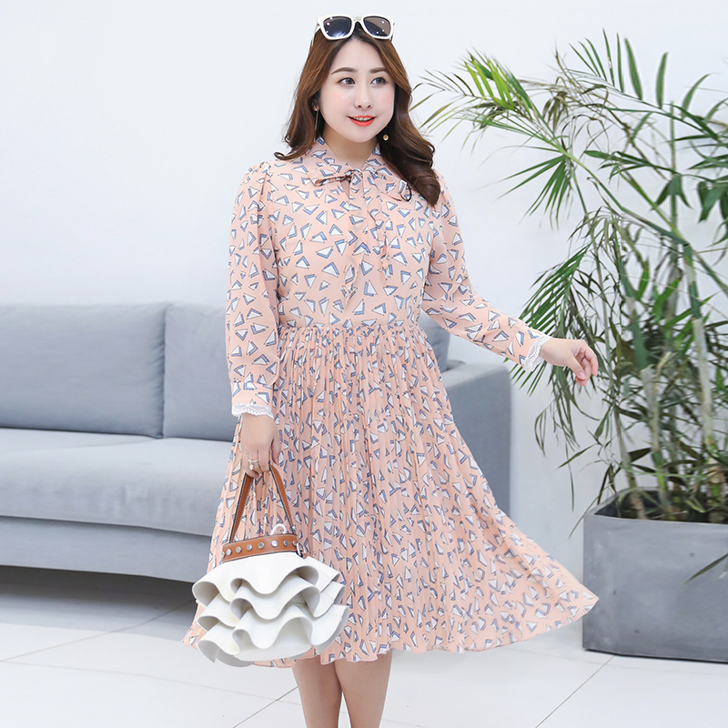 ★พร้อมส่ง★ ชุดเดรสแขนยาว พิมพ์ลายสวย สีชมพู (3XL อก 49, 4XL อก 52) #1034