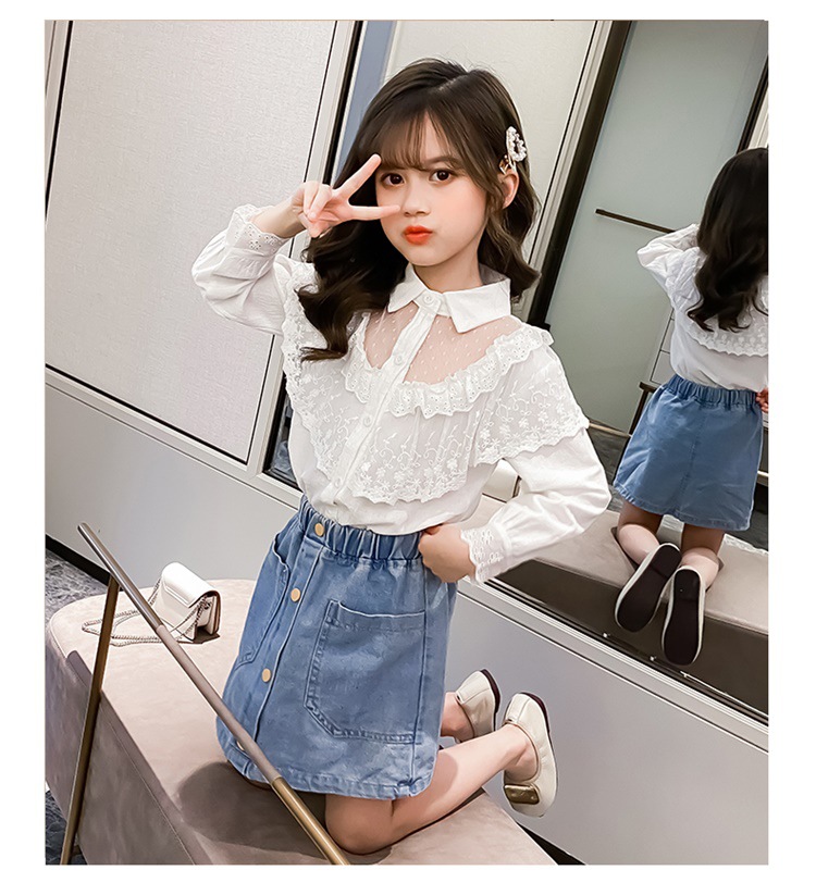 pa479 เสื้อลูกไม้+กระโปรงยีนส์ 110-160 จำนวน3 ตัวต่อแพ็ค (เลือกไซส์ได้ให้ครบแพ็ค)