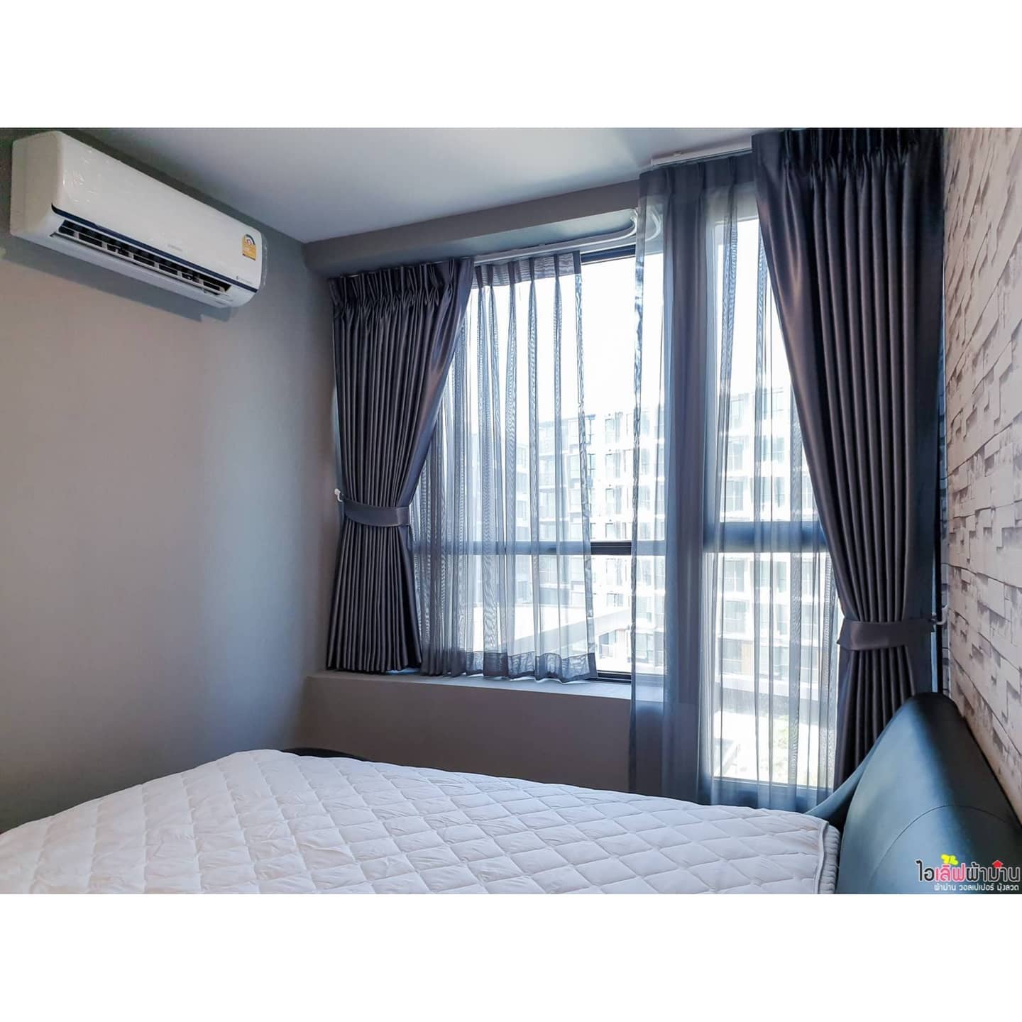 [C242] Zelle Ratanathibet ผ้าม่าน แบบม่านจีบ 2 ชั้น สีเทาทั้งม่านทึบและม่านโปร่ง ติดตั้งโค้งได้ตามช่องแสง 🐹