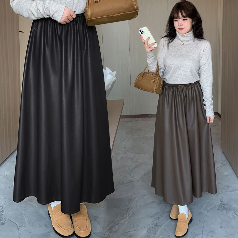 กระโปรงหนัง PU กระโปรงเอวสูง เอวยางยืด สีดำ,สีน้ำตาล (XL,2XL,3XL,4XL,5XL) W1096