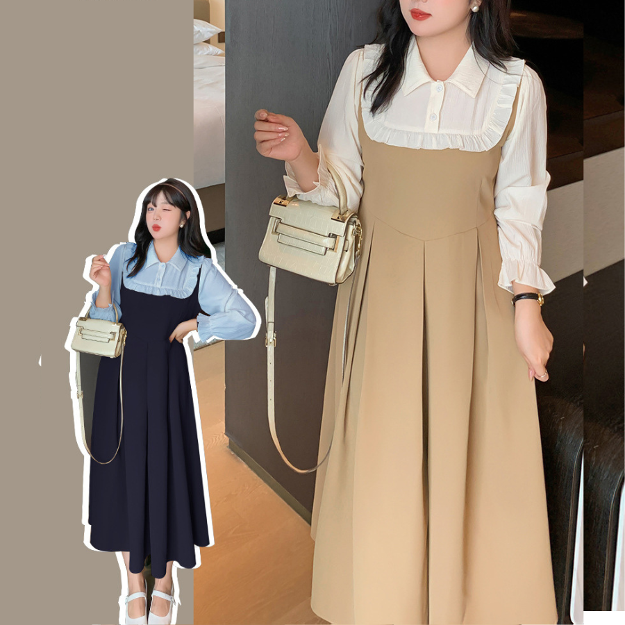 เดรสสาวอวบ ชุดเย็บติดกัน สีน้ำตาล,สีน้ำเงิน (XL,2XL,3XL,4XL,5XL) 2371