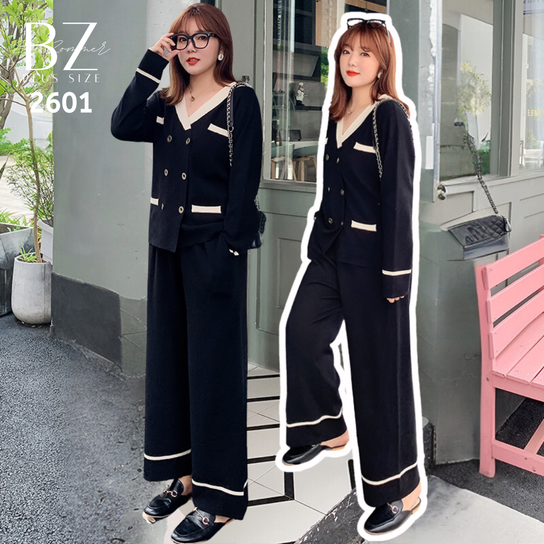★พร้อมส่ง★ ชุดเซ็ท 2 ชิ้น เสื้อแขนยาว+กางเกงทรงตรง สีดำ (3XL อก 45) 2601