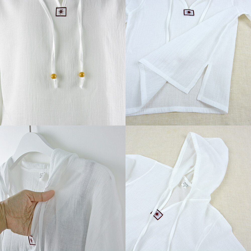 เสื้อผ้าฝ้าย "สาลู" แขนยาว มีหมวก ขนาด S-5XL ผ้าบางสวมใส่สบาย ระบายอากาศดี ใส่ไปทะเล เที่ยวชิลๆ
