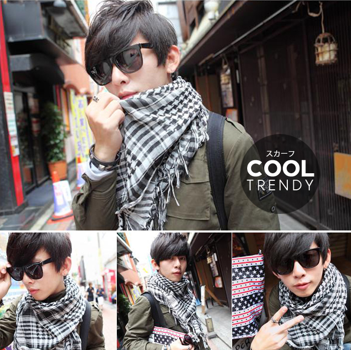 ผ้าพันคอผู้ชาย Man scarf ผ้าพันคอชีมัค Shemagh : สีขาวดำ size 100 x 100 cm