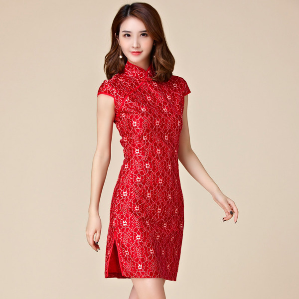 ★พร้อมส่ง★ ชุดกี่เพ้าสั้นสีแดงลายดอกไม้สวย 2XL อก 41"