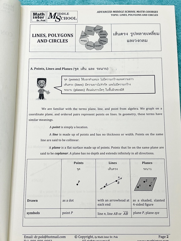 ►ดร.ป๊อก◄ Math Inter หนังสือเรียนพิเศษวิชาคณิตศาสตร์ เส้นตรง รูปหลายเหลี่ยม และวงกลม ในหนังสือมี 2 ภาษาทั้งภาษาไทยและอังกฤษ มีสรุปเนื้อหาสูตรสำคัญ และโจทย์แบบฝึกหัด มีจดเล็กน้อยและไม่มีเฉลย หนังสือเล่มหนาใหญ่