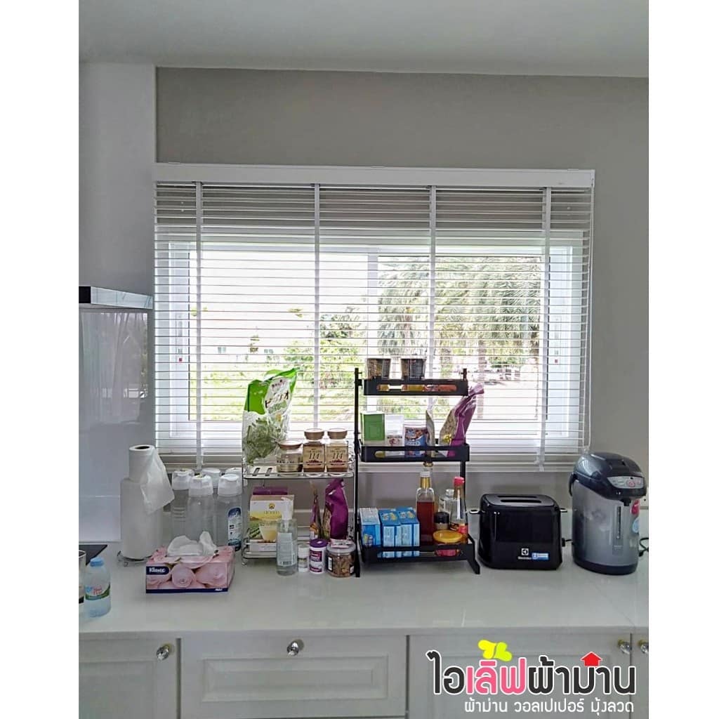 [H474] บางใหญ่ นนทบุรี งานมู่ลี่ไม้ สีขาว ขนาด35มิลค่า ในห้องครัวค่ะ สวยและประหยัดพื้นที่