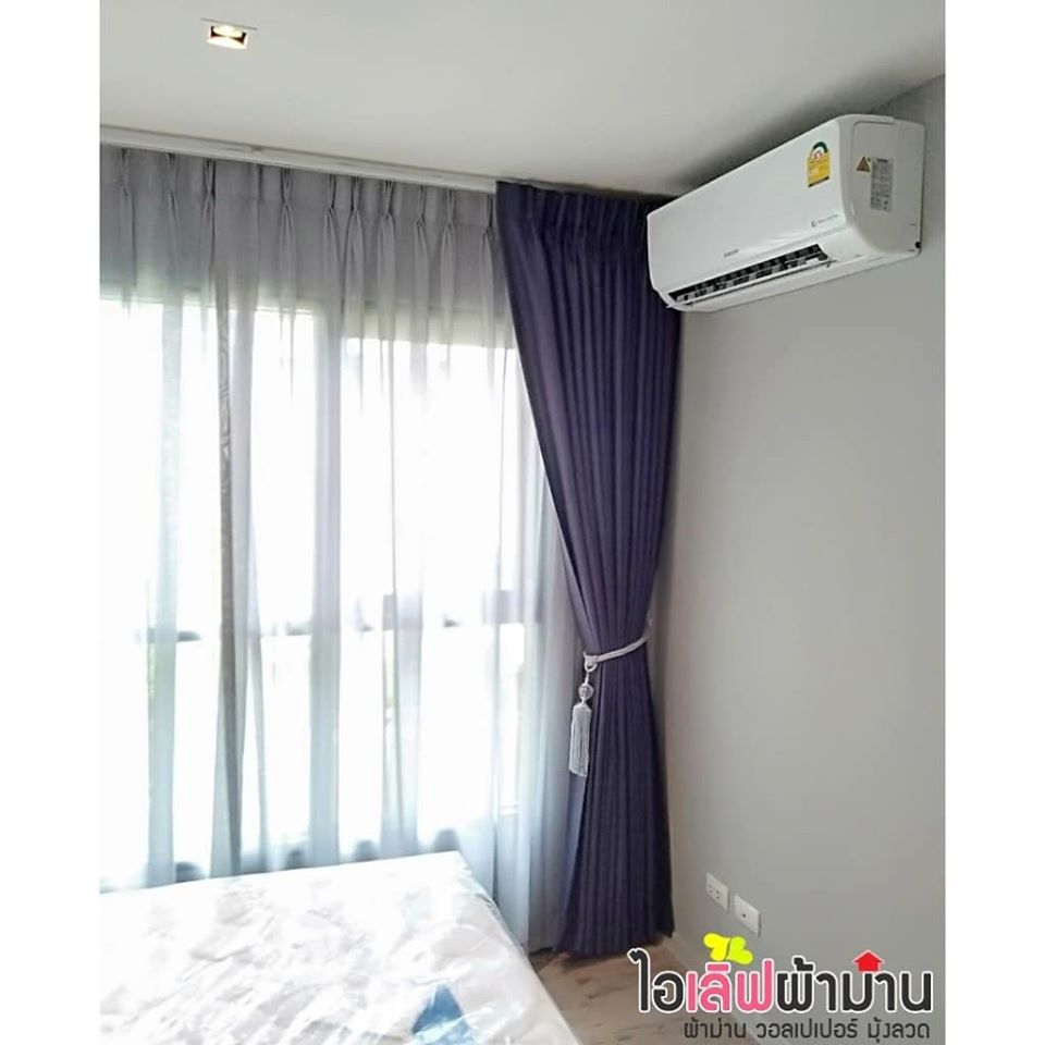 [C231] Aspen Condo Lasalle ม่านจีบ และผ้าโปร่ง โทนสีเทา ผ้ากันยูวีอย่างดี