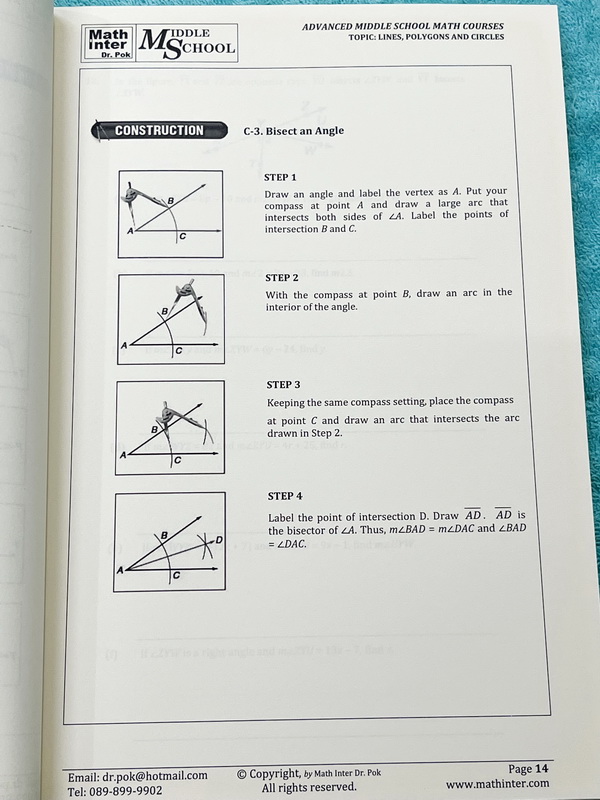 ►ดร.ป๊อก◄ Math Inter หนังสือเรียนพิเศษวิชาคณิตศาสตร์ เส้นตรง รูปหลายเหลี่ยม และวงกลม ในหนังสือมี 2 ภาษาทั้งภาษาไทยและอังกฤษ มีสรุปเนื้อหาสูตรสำคัญ และโจทย์แบบฝึกหัด มีจดเล็กน้อยและไม่มีเฉลย หนังสือเล่มหนาใหญ่