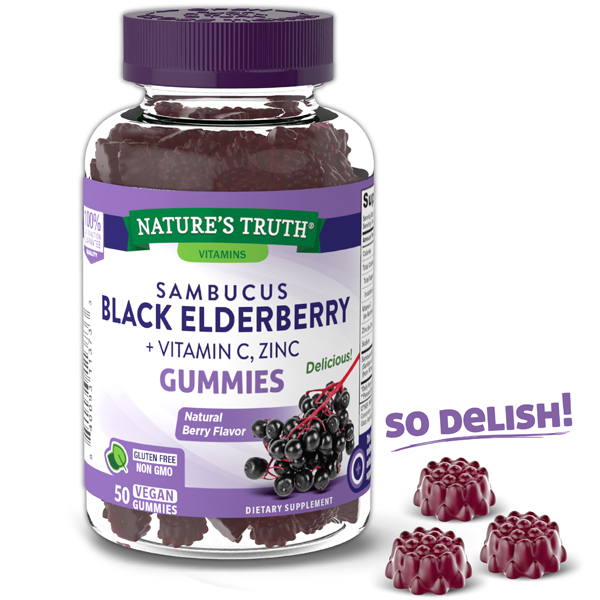 พร้อมส่ง แบบเคี้ยว แบล็คอัลเดอร์เบอร์รี่ แซมบูคัส+วิตามินซี Nature's Truth Black Elderberry Gummies
