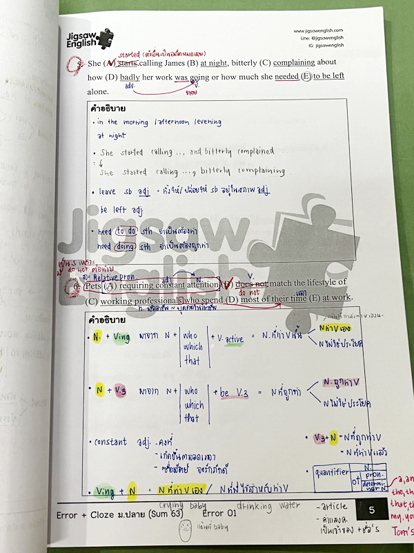 ►Jigsaw◄ หนังสือกวดวิชาครูจิ๊กซอว์ Error + Cloze ม.ปลาย เน้นฝึกทำโจทย์ด้าน Error Identification และ Cloze Test โดยเฉพาะ จดครบเกือบทั้งเล่ม จดละเอียด มีจดความหมายและวิธีการใช้ศํพท์ รวมทั้งสูตรลัดในการจำหลักไวยากรณ์แกรมม่า หนังสือเล่มหนาใหญ่ สำเนา