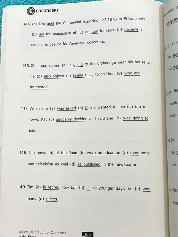 ►ครูพี่แนน Enconcept◄ หนังสือเรียนพิเศษ Ax ตะลุยโจทย์ข้อสอบจริง วิชาภาษาอังกฤษม.ต้น Junior Grammar ระดับชั้น ม.ต้น มีโจทย์ Exercise และโจทย์ข้อสอบจริงทั้งเล่ม ครอบคลุมพาร์ท Sentence Completion , Error Identification ,Error Detection, Cloze Test ในหนังสือม