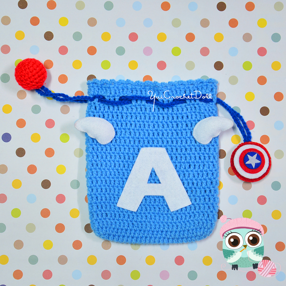 กระเป๋าหูรูดไหมพรม กัปตันอเมริกา Captain America Drawstring Crochet Bag