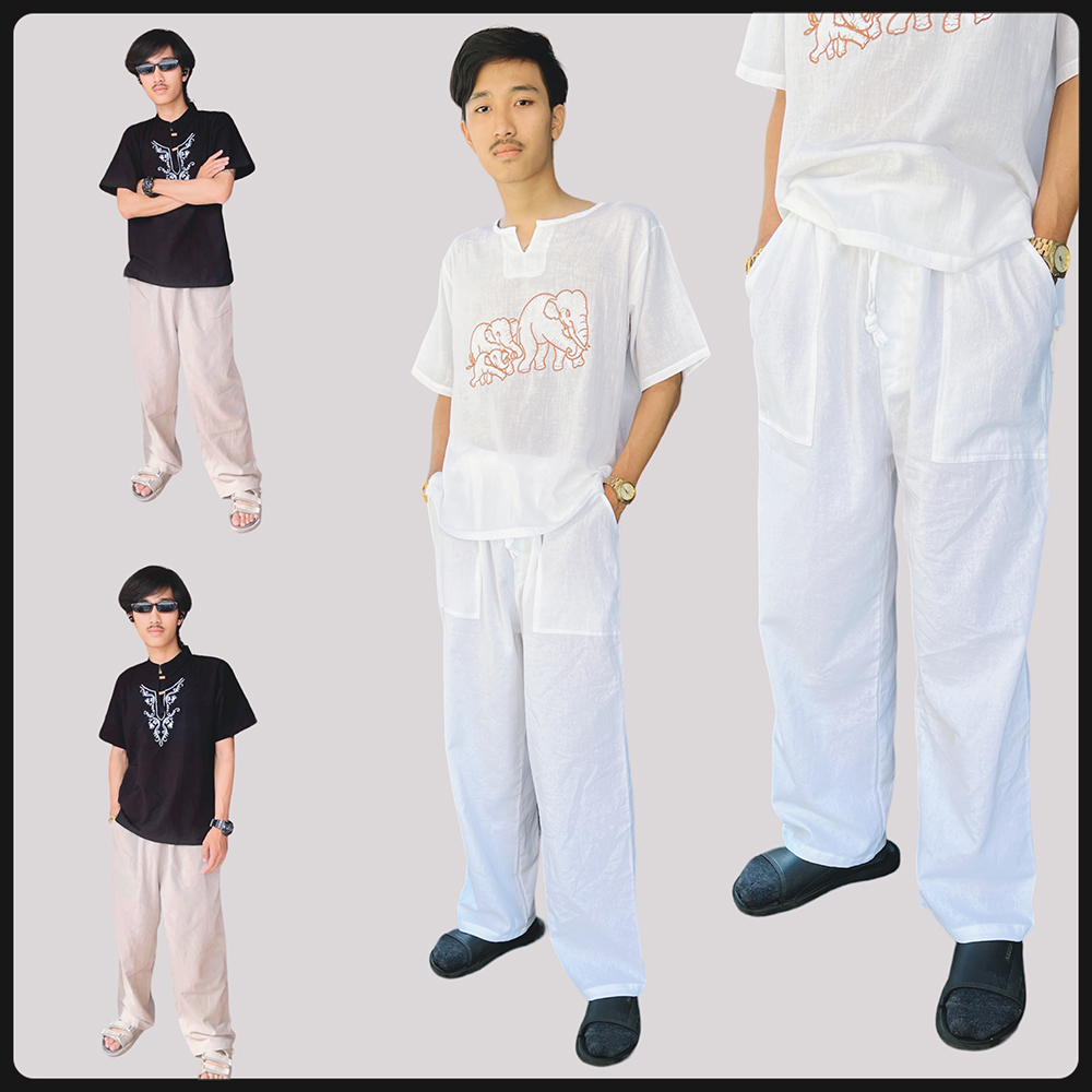 กางเกงผ้าฝ้ายขายาว M-XL Unisex เอวยางยืดพร้อมเชือกผูก เนื้อผ้าดีสวมใส่สบาย ใส่เที่ยวในวันสบายๆ สไตล์ลำลอง