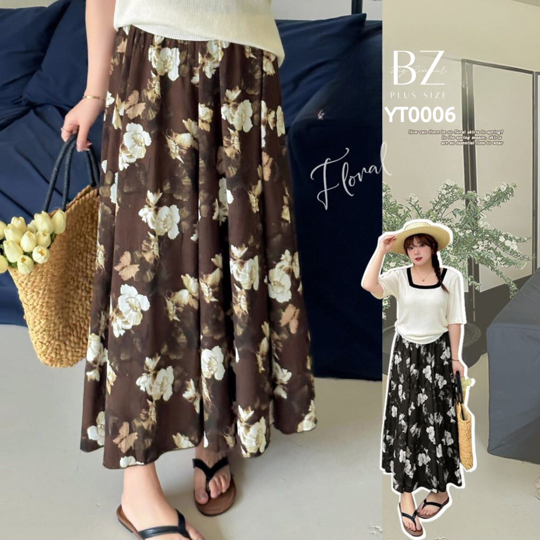 กระโปรงทรงเอบาน (เอว 29~46 นิ้ว) เอวยางยืด ดำ,โกโก้ (XL~5XL) YT0006