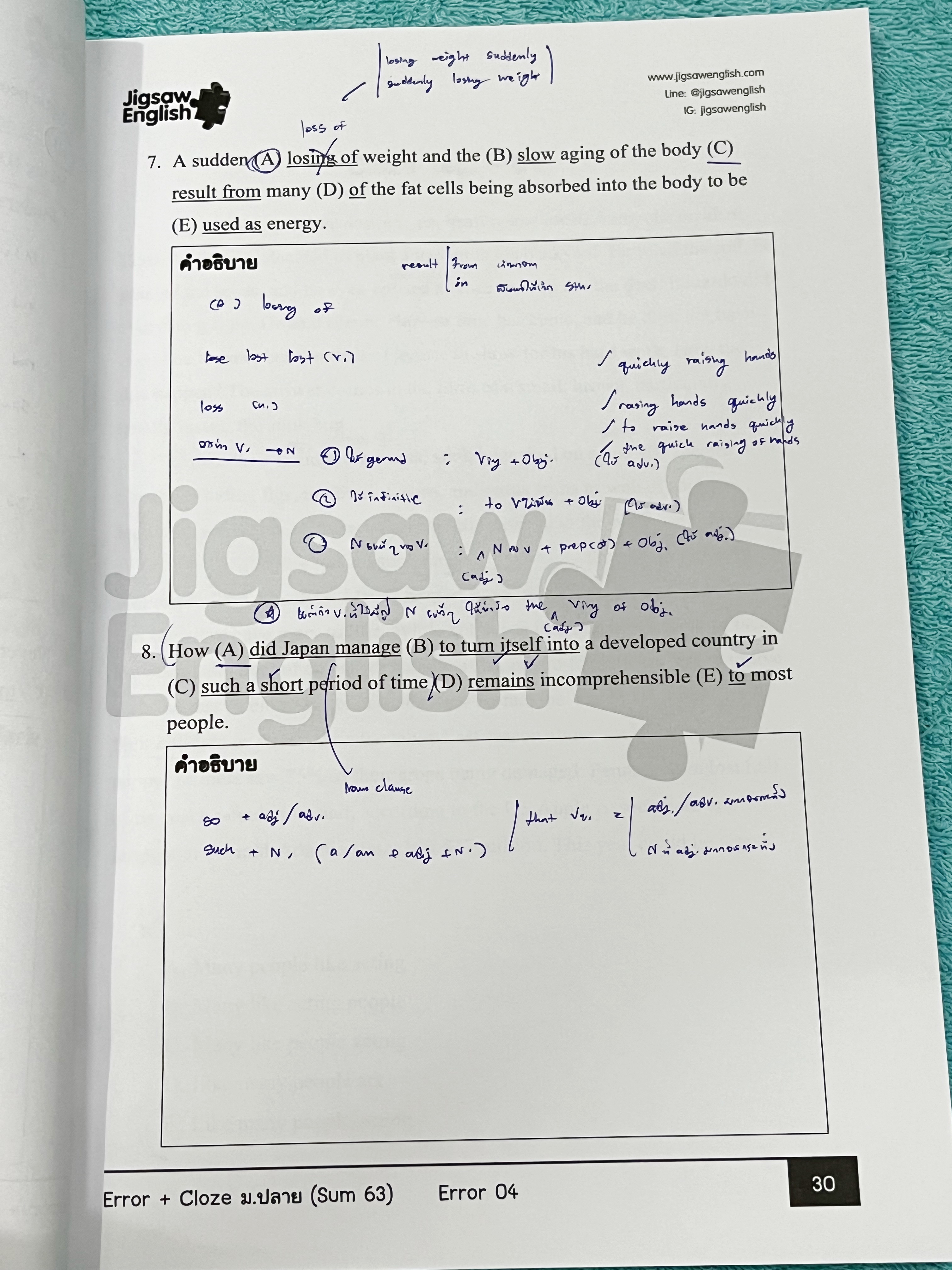►Jigsaw◄ หนังสือกวดวิชาครูจิ๊กซอว์ Error + Cloze ม.ปลาย เน้นฝึกทำโจทย์ด้าน Error Identification และ Cloze Test โดยเฉพาะ จดครบเกือบทั้งเล่ม จดละเอียด มีจดความหมายและวิธีการใช้ศํพท์ รวมทั้งสูตรลัดในการจำหลักไวยากรณ์แกรมม่า หนังสือเล่มหนาใหญ่