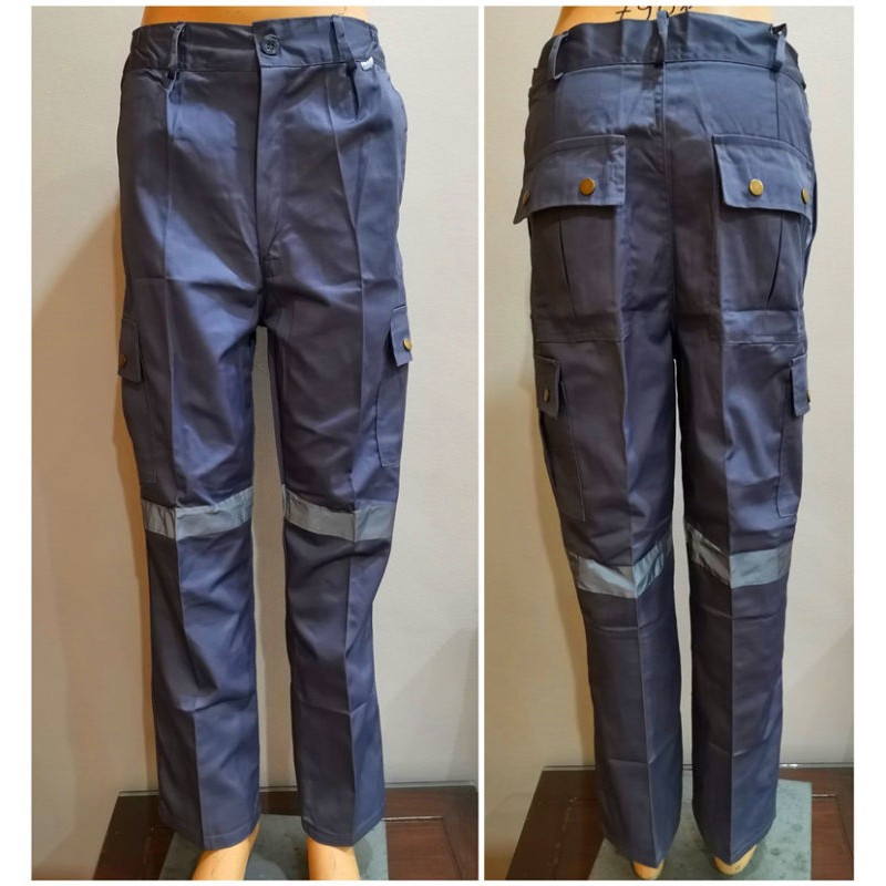 กางเกงทำงานผ้าฝ้ายโพลีเอสเตอร์ 6 กระเป๋าสวมใส่สบายไม่สกปรกง่ายและมีแถบสะท้อนแสงสองแถบที่ขา กระดุมทองแดงไม่เป็นสนิม