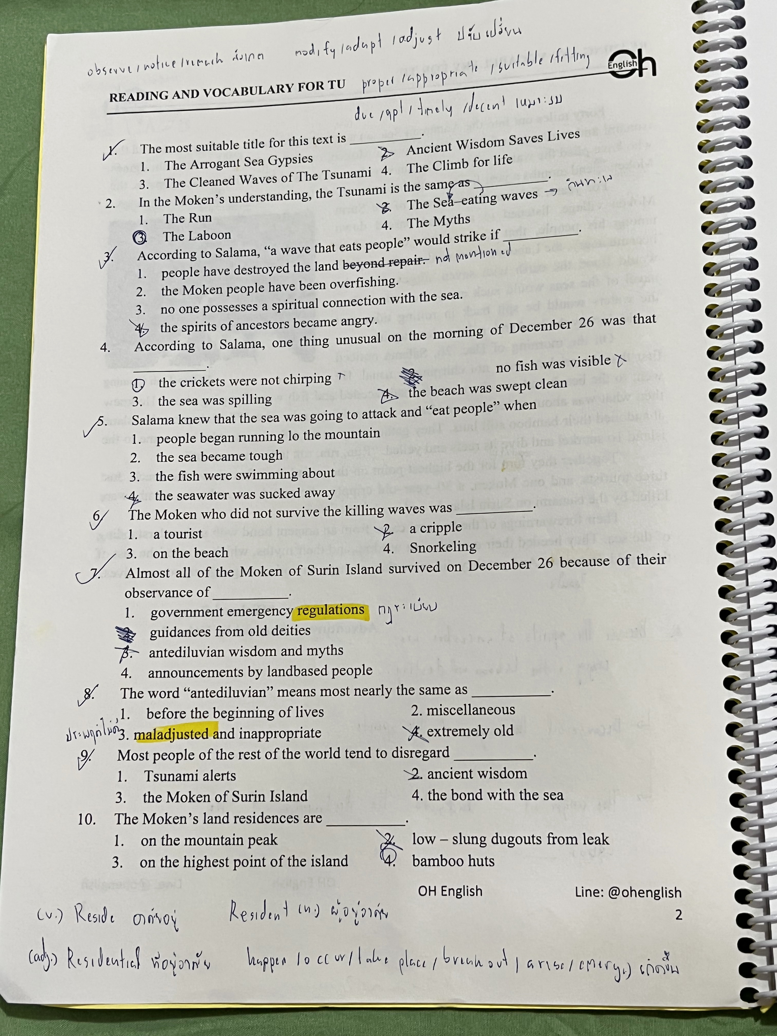 ►อังกฤษเข้าเตรียม◄ หนังสือครูพี่ OH เล่ม Reading and Vocabulary For TU มีโจทย์เพื่อเตรียมตัวสอบเข้าเตรียมอุดม จดครบเกือบทั้งเล่ม จดละเอียด โจทย์บางข้อเว้นว่างไปและไม่มีเฉลย หนังสือเล่มใหญ่